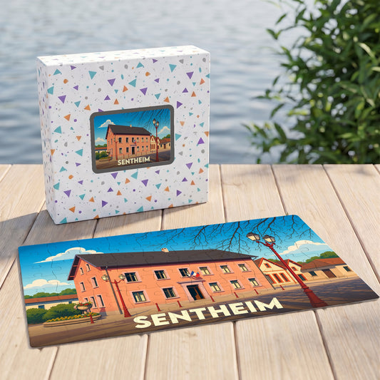 Puzzle souvenir de la ville de Sentheim avec une illustration stylisée d'un bâtiment emblématique.