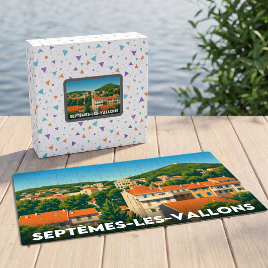 Puzzle souvenir de la ville de Septèmes-les-Vallons avec une illustration stylisée et colorée.