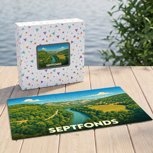 Puzzle souvenir de la ville de Septfonds représentant un paysage de vallée verdoyante avec une rivière.