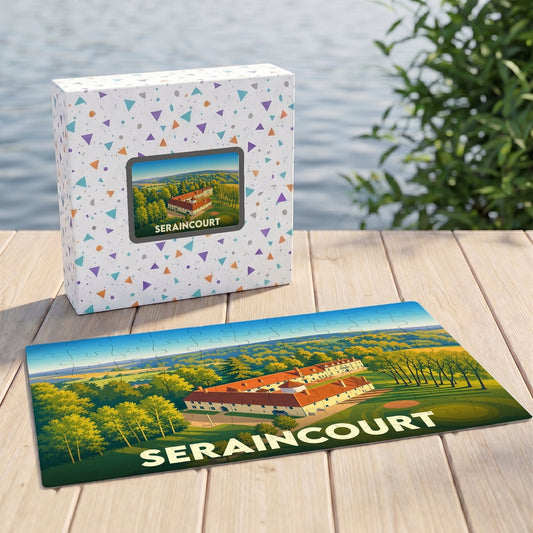 Puzzle souvenir de la ville de Seraincourt avec une illustration stylisée de son paysage et de ses bâtiments.