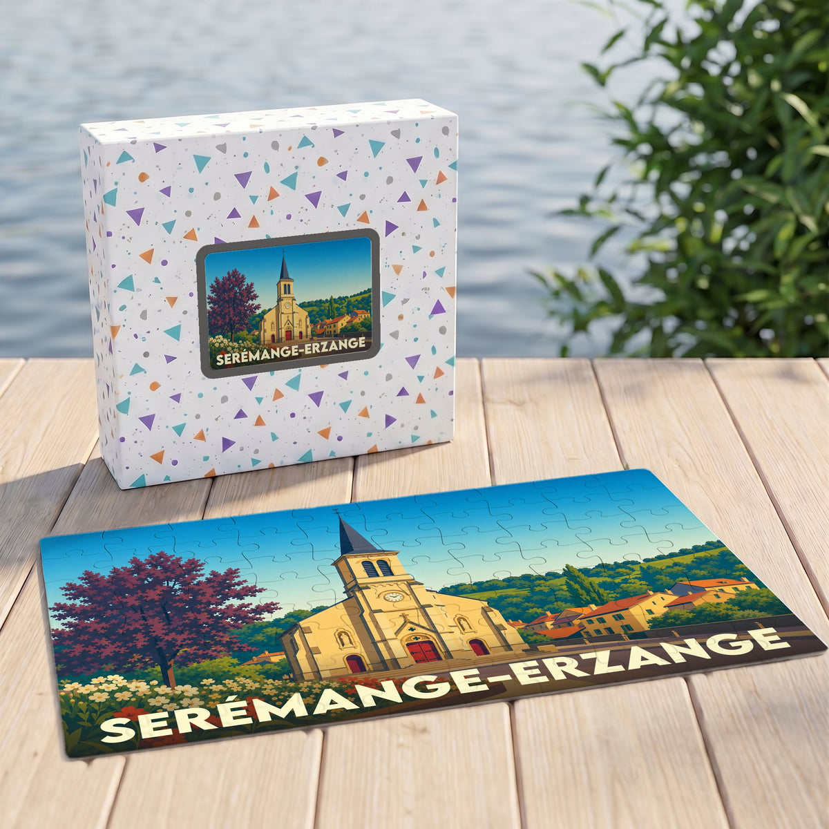 Puzzle souvenir de la ville de Serémange-Erzange illustré d'un paysage urbain stylisé avec son église.