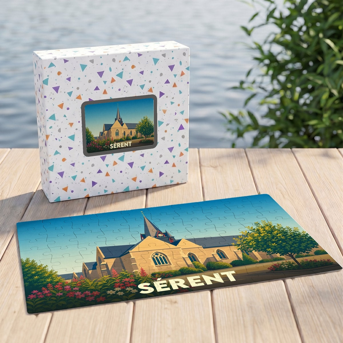 Puzzle souvenir de la ville de Sérent avec une illustration stylisée de son église.