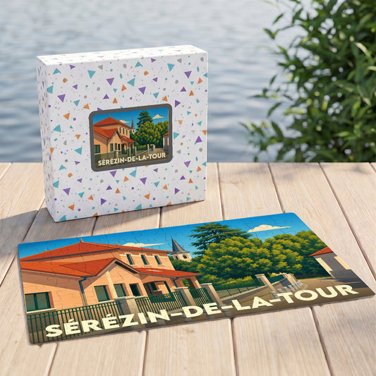 Puzzle souvenir de la ville de Sérézin-de-la-Tour avec une illustration stylisée.