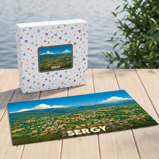 Puzzle souvenir de la ville de Sergy avec une illustration panoramique de la commune.