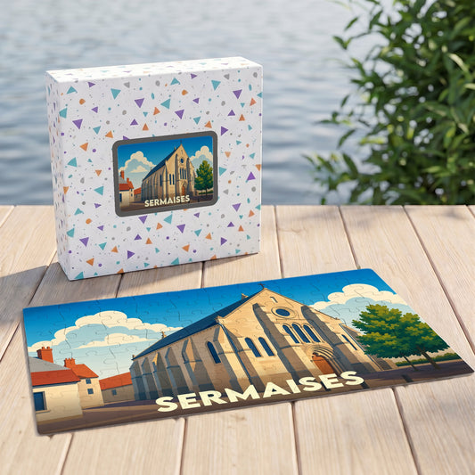 Puzzle souvenir de la ville de Sermaises avec une illustration stylisée de son église.