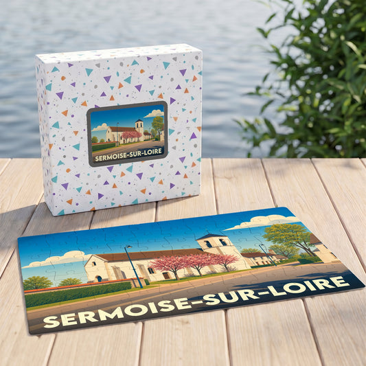 Puzzle souvenir de la ville de Sermoise-sur-Loire avec une illustration stylisée de son église et de ses paysages.