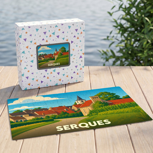 Puzzle souvenir de la ville de Serques avec une illustration stylisée et colorée du paysage local.
