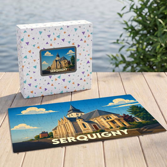 Puzzle souvenir de la ville de Serquigny avec une illustration stylisée d'une église sous un ciel bleu.