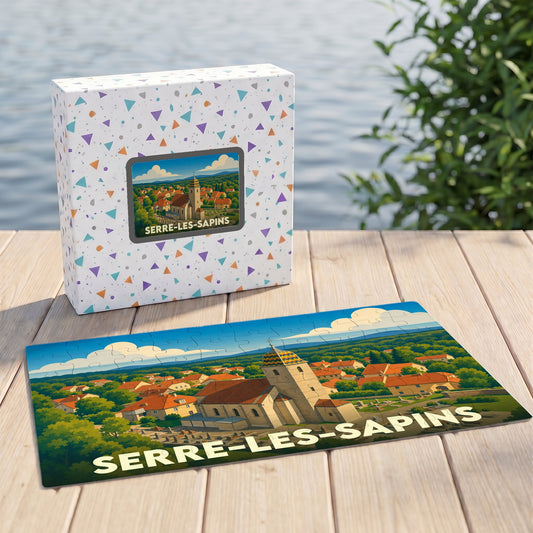 Puzzle souvenir de la ville de Serre-les-Sapins avec une illustration stylisée d'un paysage de village et son église.