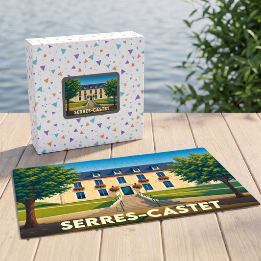 Puzzle souvenir de la ville de Serres-Castet avec une illustration stylisée d'un bâtiment remarquable.