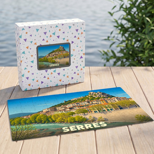 Puzzle souvenir de la ville de Serres avec une illustration stylisée et colorée.