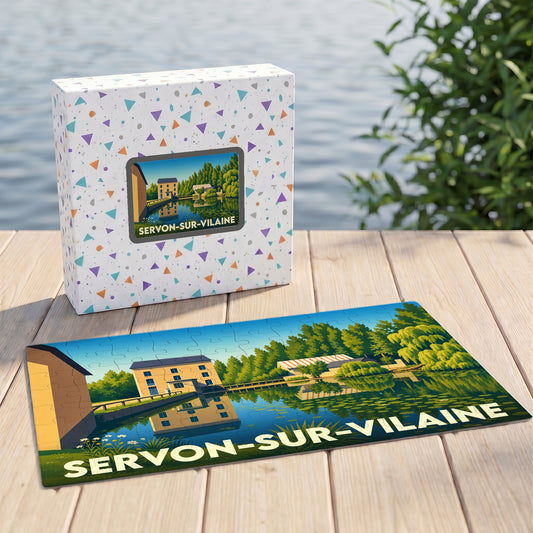 Puzzle souvenir de la ville de Servon-sur-Vilaine avec une illustration stylisée et colorée.