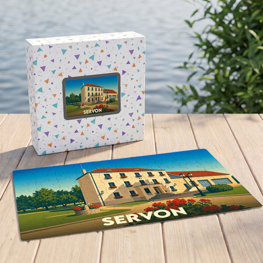 Puzzle souvenir de la ville de Servon avec une illustration stylisée d'un bâtiment remarquable.