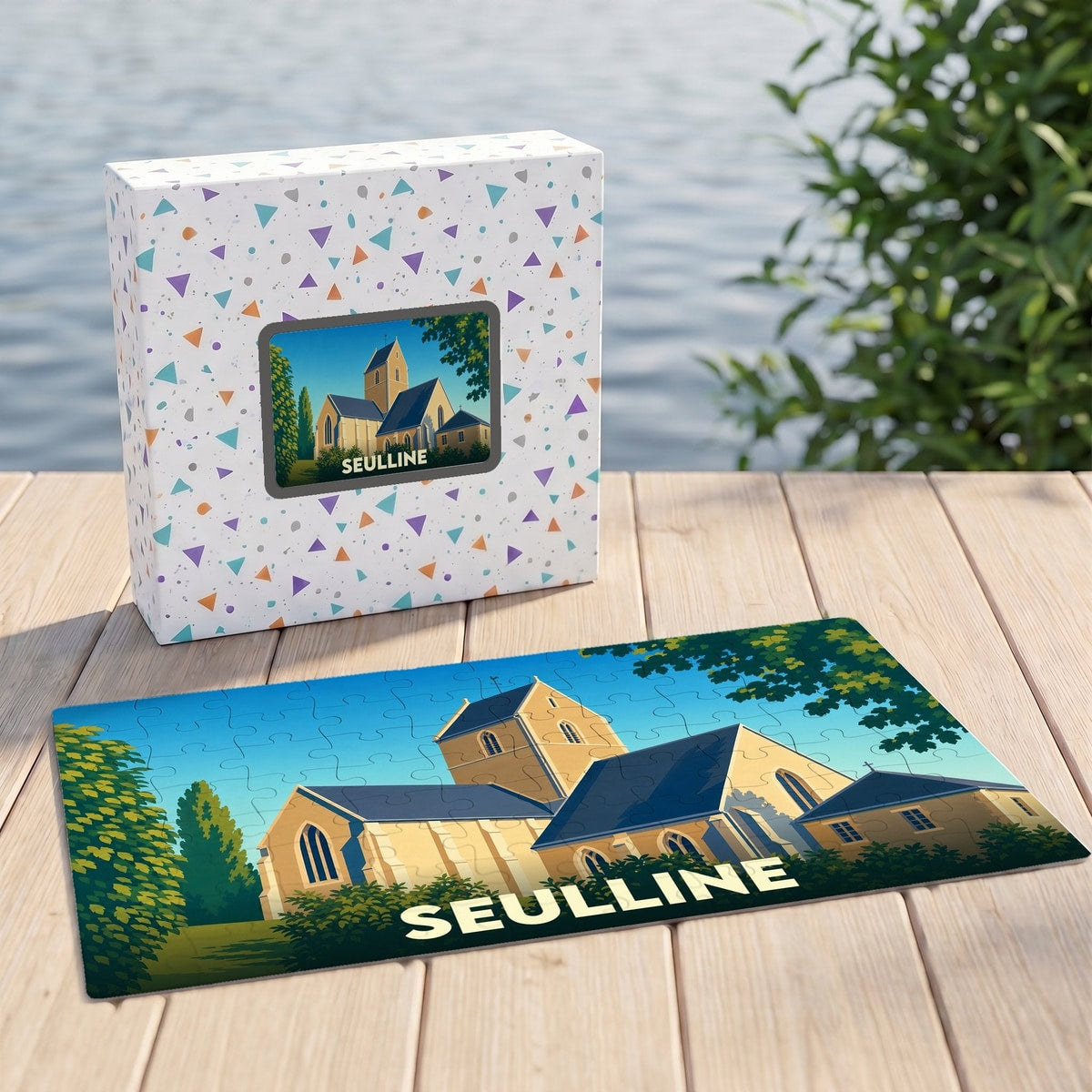 Puzzle souvenir de la ville de Seulline avec une illustration stylisée d'une église.
