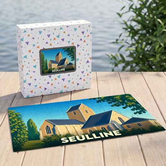 Puzzle souvenir de la ville de Seulline avec une illustration stylisée d'une église.