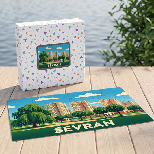 Puzzle souvenir de la ville de Sevran avec une illustration stylisée de son paysage urbain.