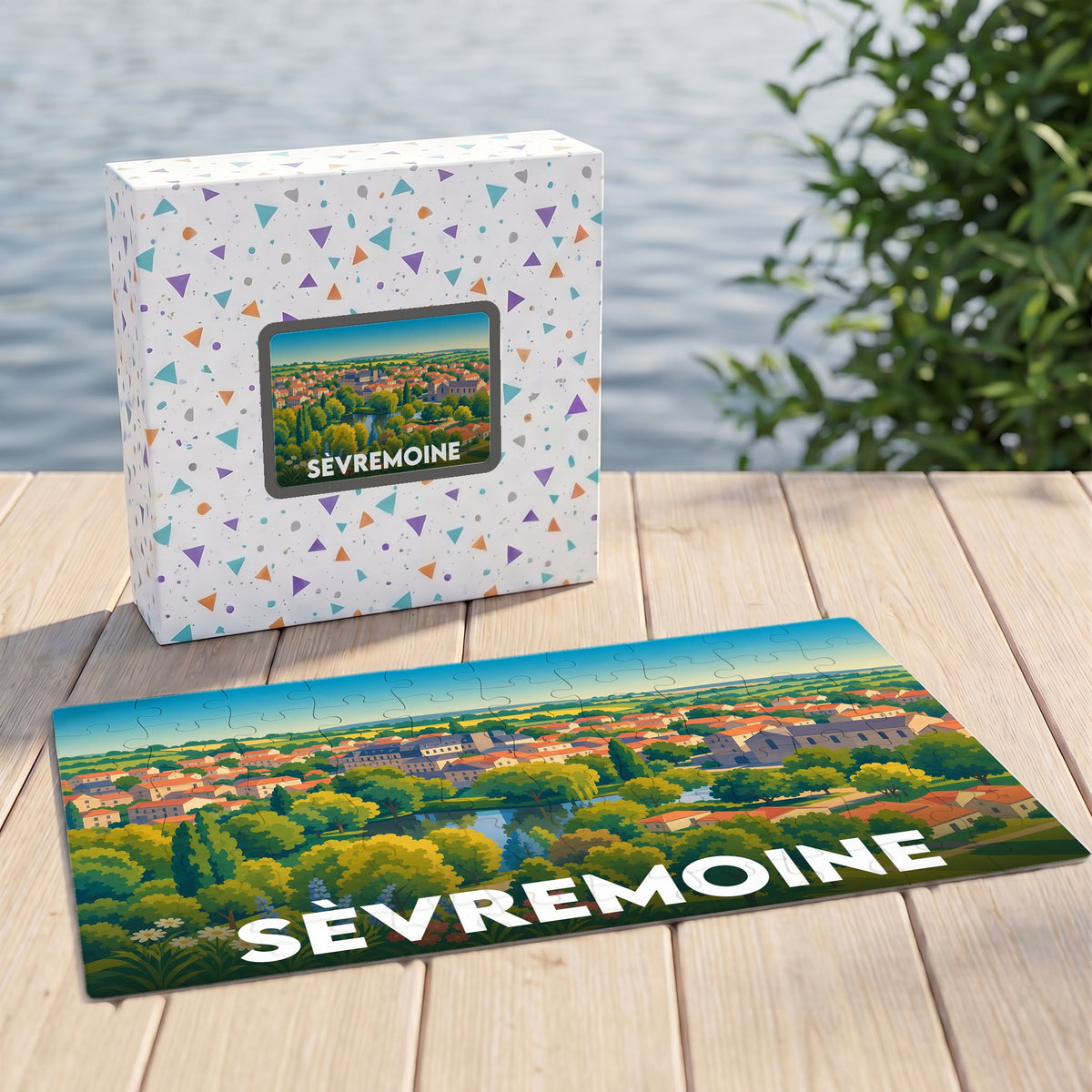 Puzzle souvenir de la ville de Sèvremoine avec une illustration stylisée d'un paysage urbain verdoyant.