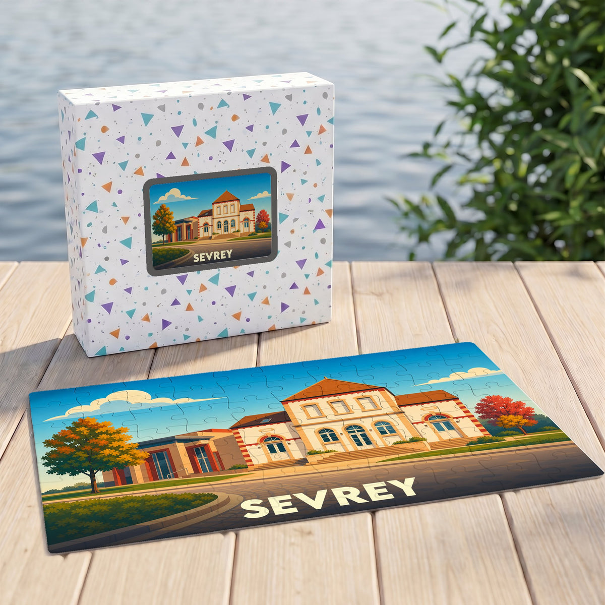 Puzzle souvenir de la ville de Sevrey avec une illustration stylisée d'un bâtiment remarquable.