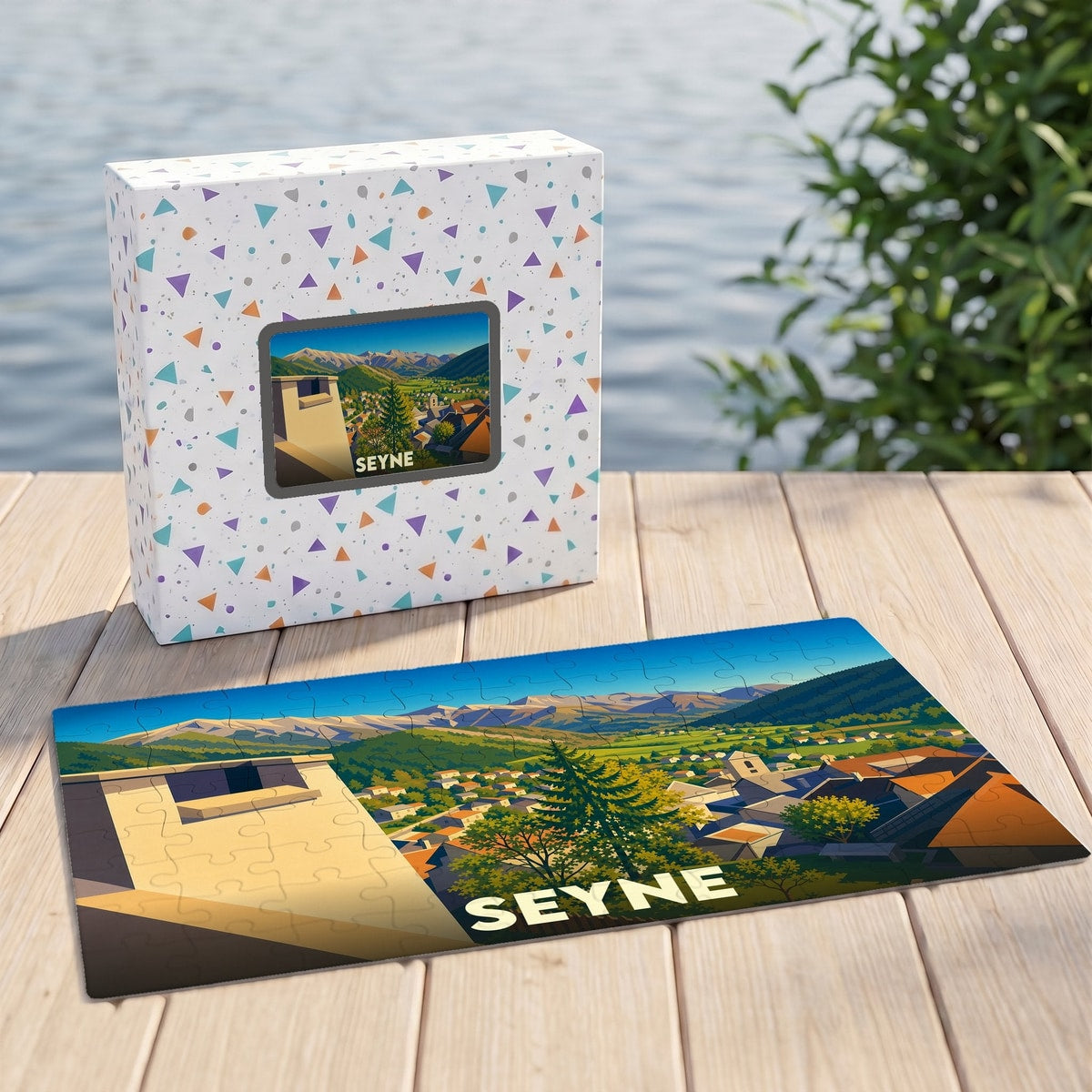 Puzzle souvenir de la ville de Seyne avec une illustration stylisée de son paysage montagneux.