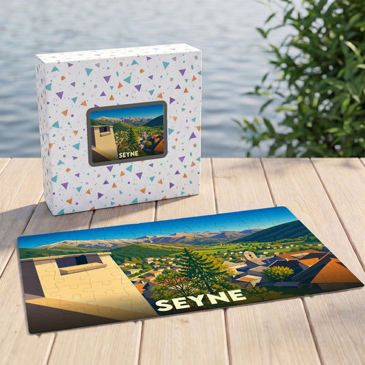 Puzzle souvenir de la ville de Seyne avec une illustration stylisée de son paysage montagneux.