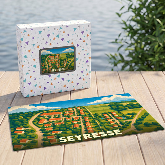 Puzzle souvenir de la ville de Seyresse avec une illustration aérienne colorée.