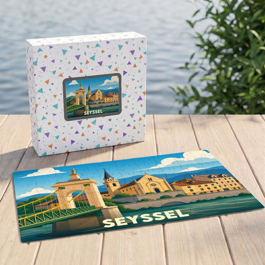 Puzzle souvenir de la ville de Seyssel avec une illustration stylisée représentant son pont et son église.