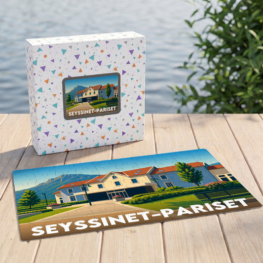 Puzzle souvenir de la ville de Seyssinet-Pariset avec une illustration stylisée de son paysage urbain.