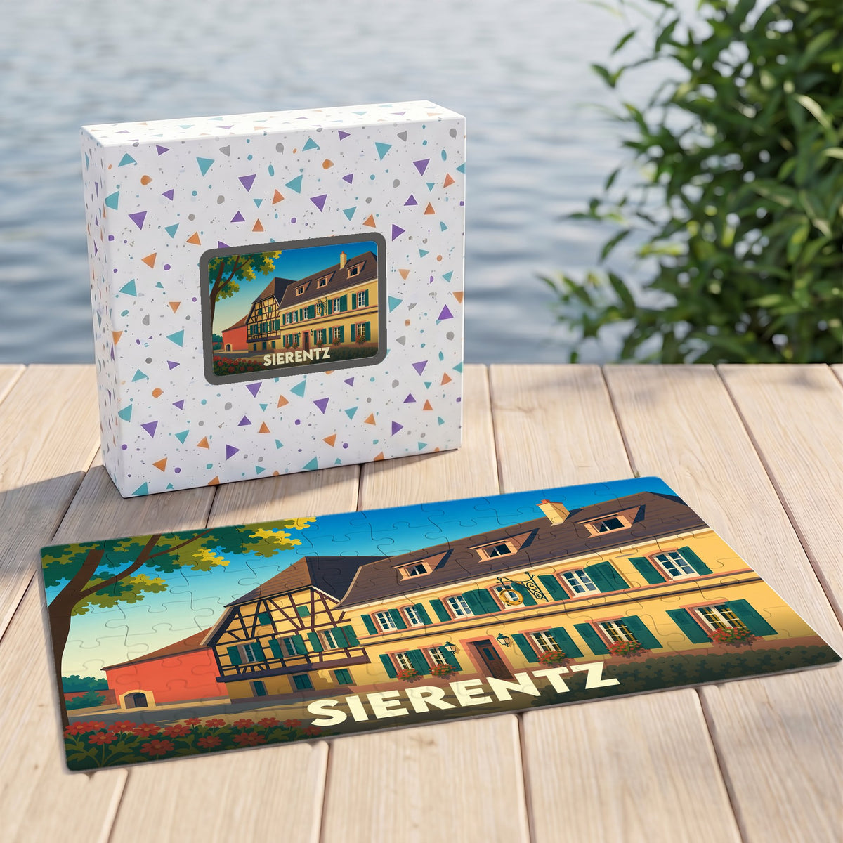 Puzzle souvenir de la ville de Sierentz présentant une illustration stylisée d'un bâtiment traditionnel alsacien.