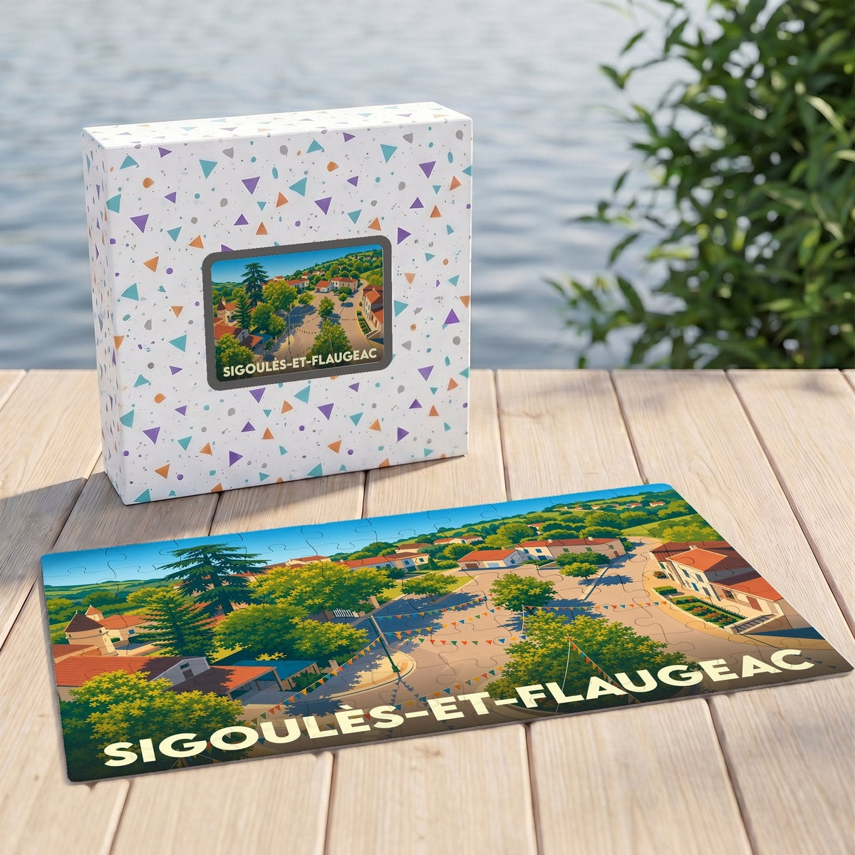 Puzzle souvenir de la ville de Sigoulès-et-Flaugeac avec une illustration stylisée et colorée.
