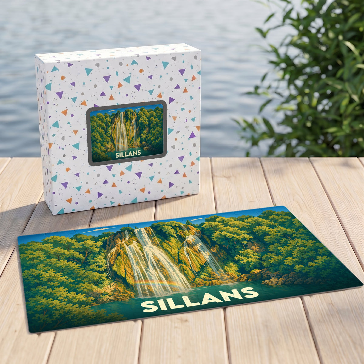 Puzzle souvenir de la ville de Sillans avec une illustration stylisée de sa cascade.