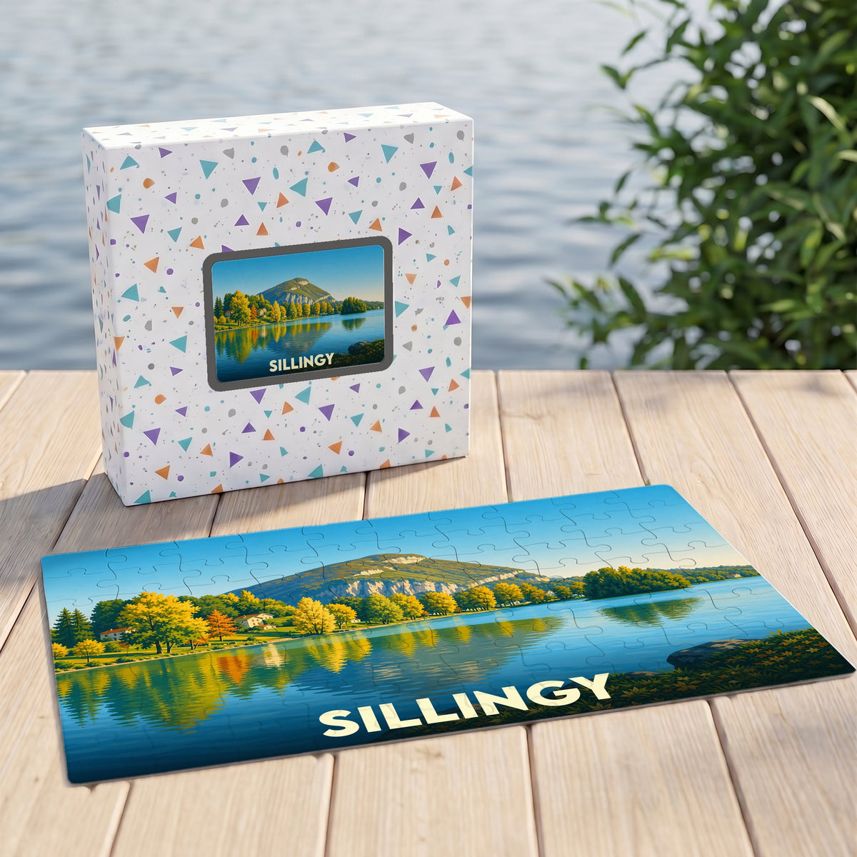 Puzzle souvenir de la ville de Sillingy représentant une illustration paysagère du lac et des montagnes.