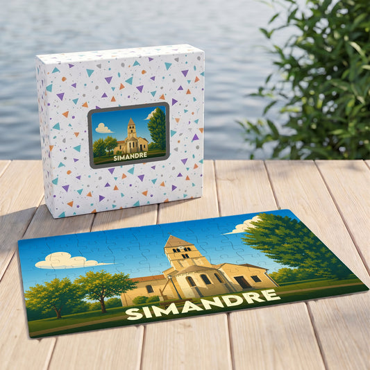 Puzzle souvenir de la ville de Simandre avec une illustration stylisée de son église.