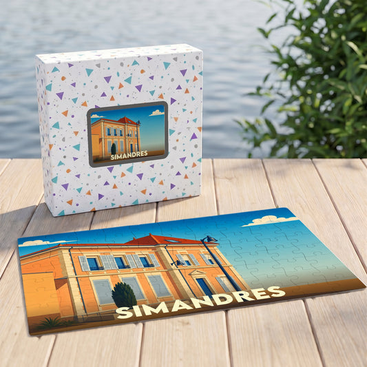 Puzzle souvenir de la ville de Simandres avec une illustration stylisée.
