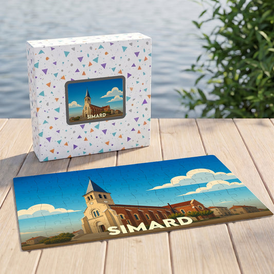 Puzzle souvenir de la ville de Simard avec une illustration stylisée de son église.