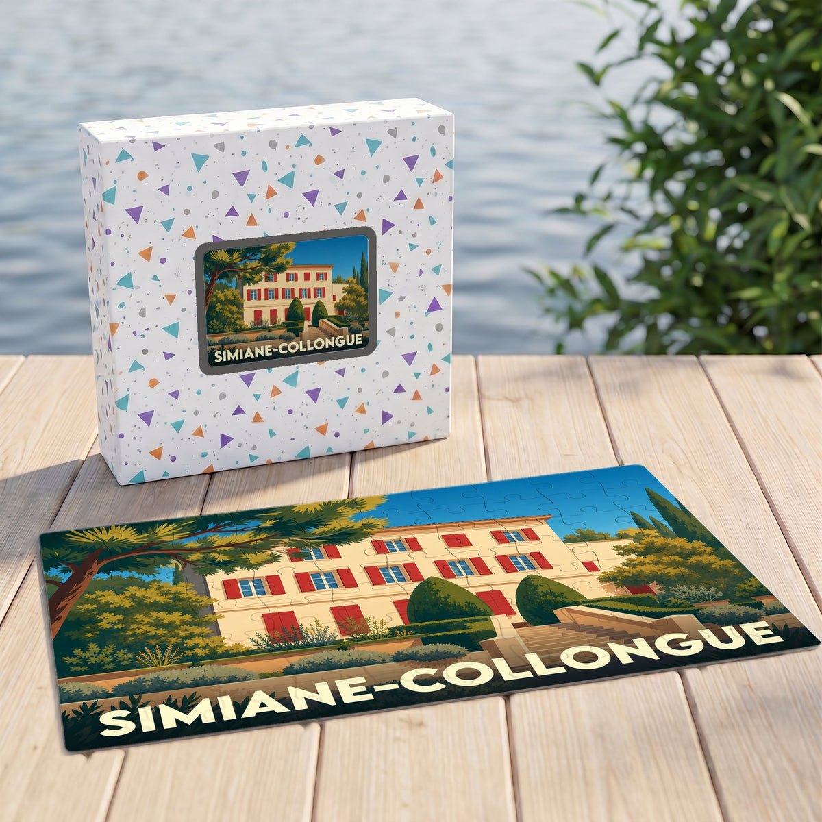 Puzzle souvenir de la ville de Simiane-Collongue avec une illustration stylisée d'une bastide provençale.