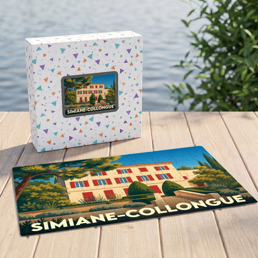 Puzzle souvenir de la ville de Simiane-Collongue avec une illustration stylisée d'une bastide provençale.