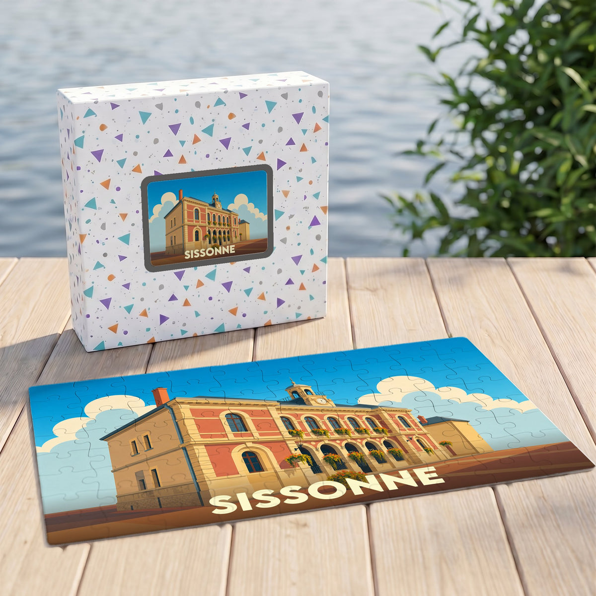 Puzzle souvenir de la ville de Sissonne avec une illustration stylisée de son hôtel de ville.