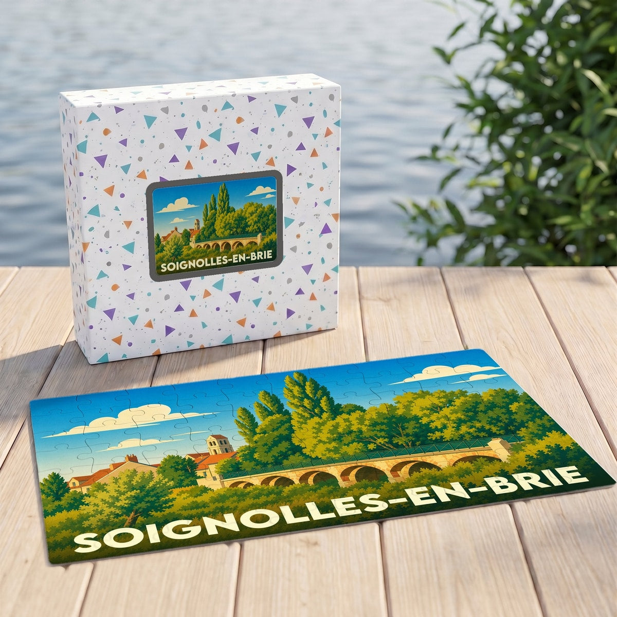 Puzzle souvenir de la ville de Soignolles-en-Brie illustrant un pont en pierre et son paysage verdoyant.