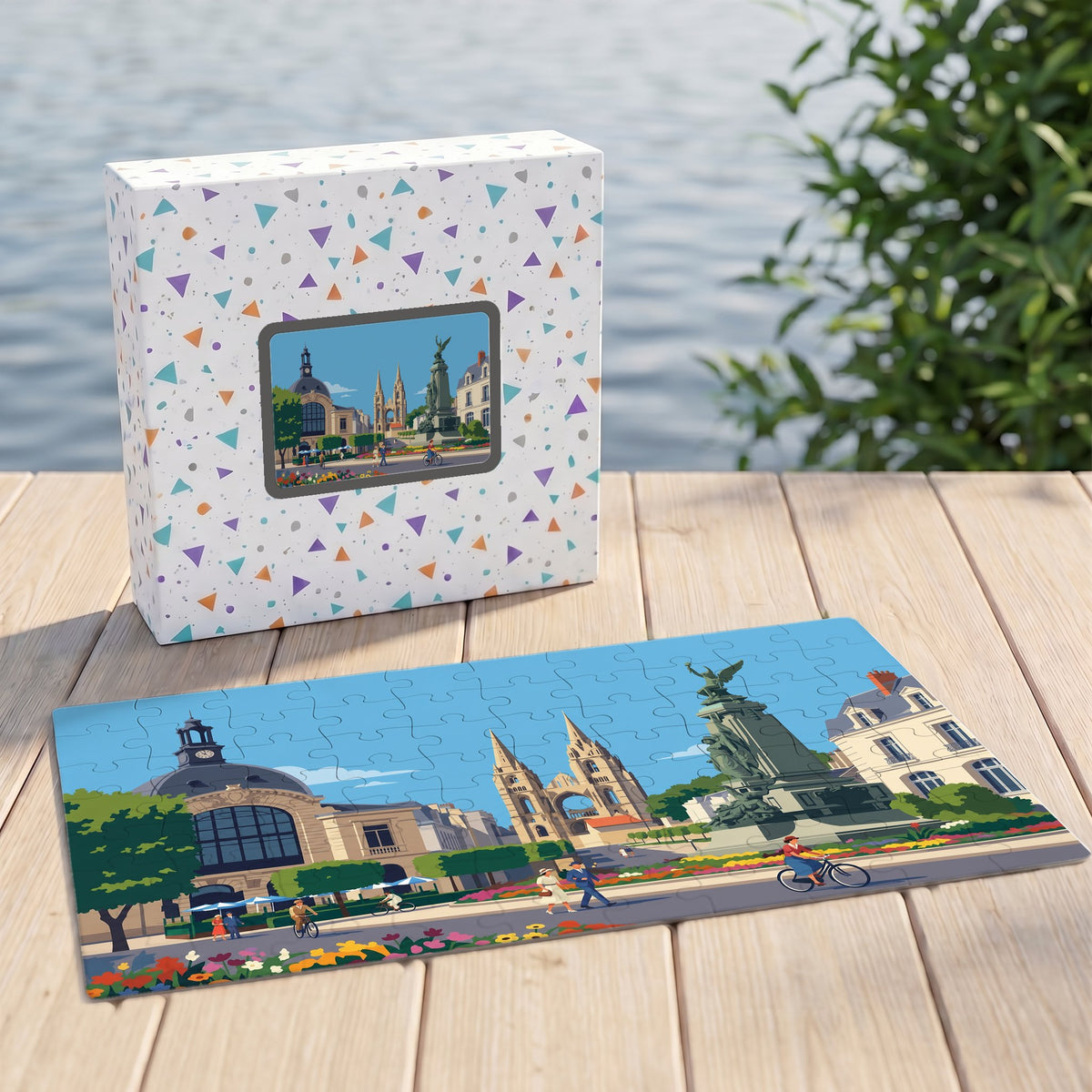Puzzle souvenir de la ville de Soissons avec une illustration stylisée de ses monuments emblématiques.