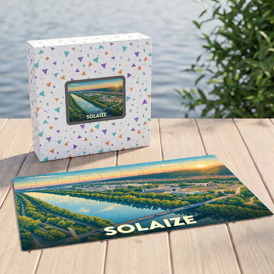 Puzzle souvenir de la ville de Solaize avec une illustration stylisée d'un paysage fluvial au coucher du soleil.