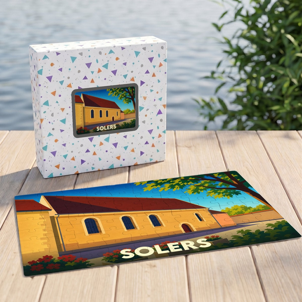 Puzzle souvenir de la ville de Solers avec une illustration stylisée d'un bâtiment historique.
