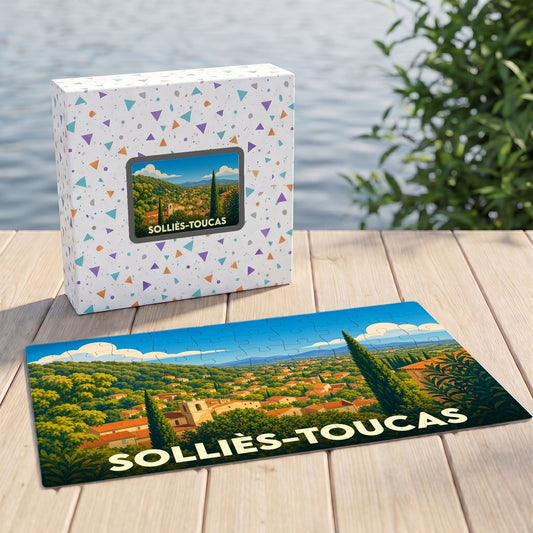 Puzzle souvenir de la ville de Solliès-Toucas avec une illustration de paysage provençal.
