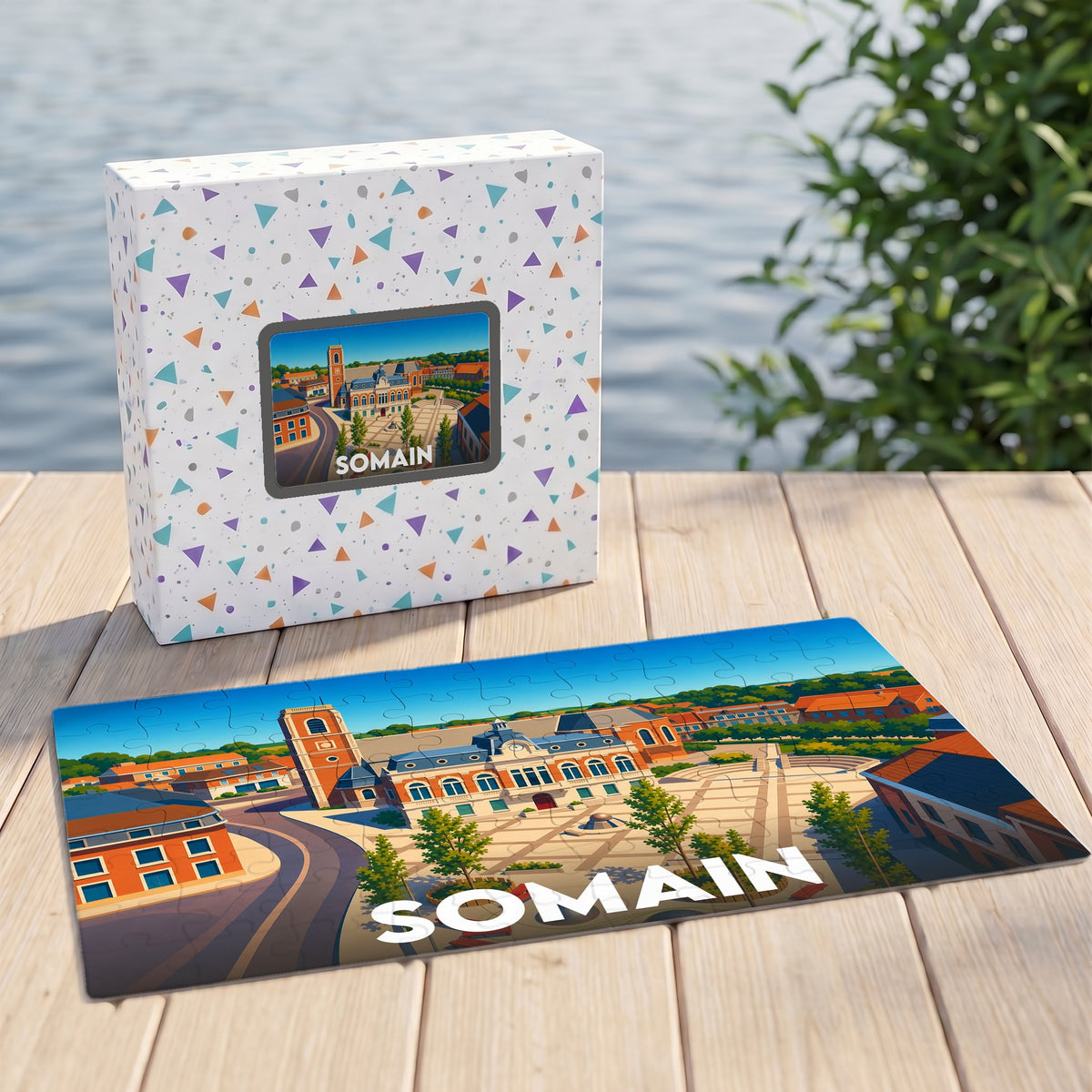 Puzzle souvenir de la ville de Somain avec une illustration stylisée de sa place principale.