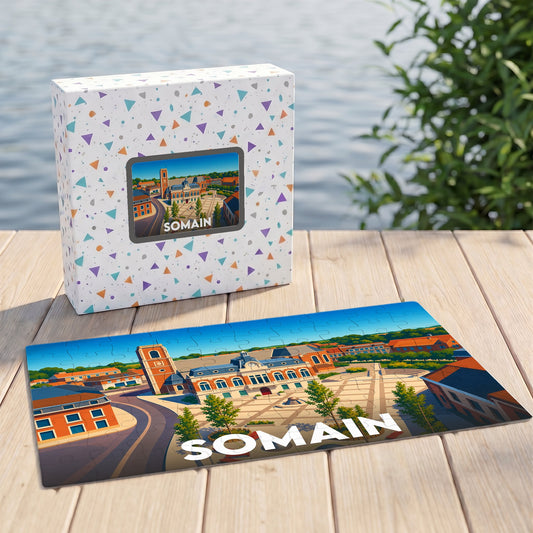 Puzzle souvenir de la ville de Somain avec une illustration stylisée de sa place principale.