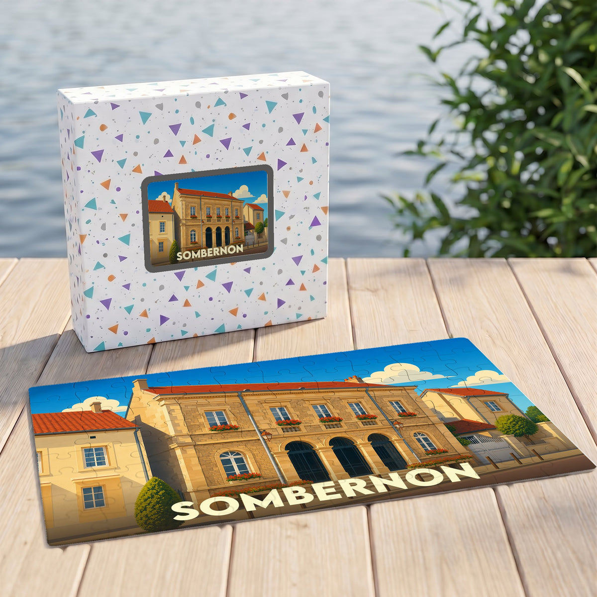 Puzzle souvenir de la ville de Sombernon avec une illustration stylisée d'un bâtiment historique.