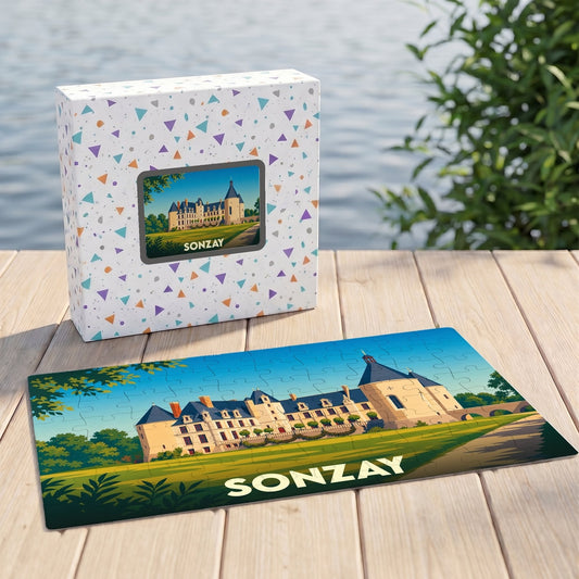 Puzzle souvenir de la ville de Sonzay avec une illustration stylisée d'un château.