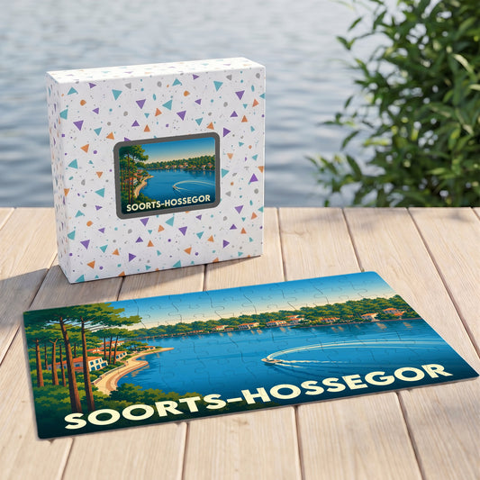 Puzzle souvenir de la ville de Soorts-Hossegor avec une illustration de style vintage de son lac.