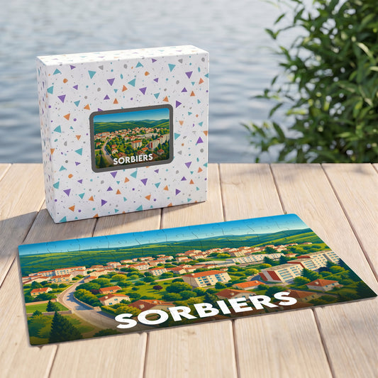 Puzzle souvenir de la ville de Sorbiers avec une illustration stylisée d'un paysage urbain verdoyant.