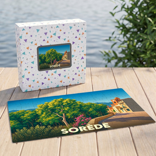 Puzzle souvenir de la ville de Sorède avec une illustration stylisée.