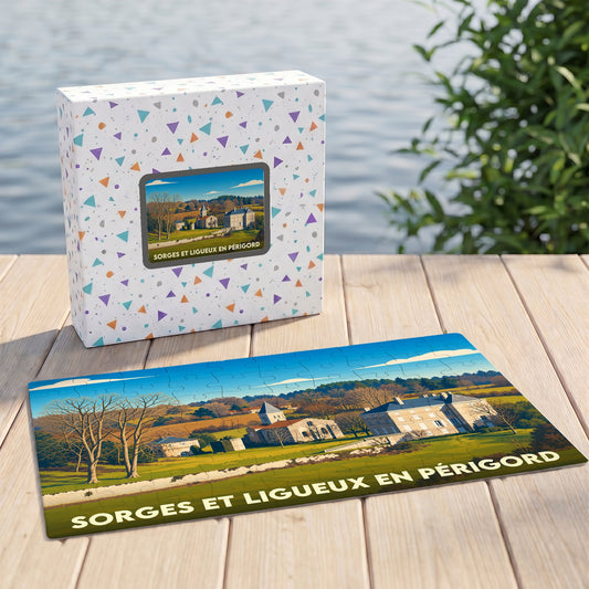 Puzzle souvenir de Sorges et Ligueux en Périgord avec une illustration stylisée de la commune.